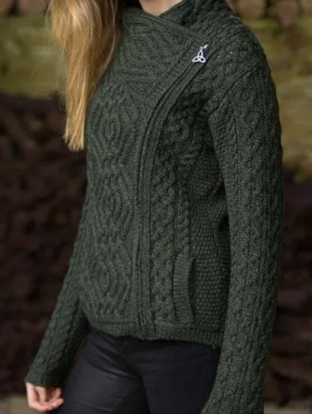 Aran Crafts Heathered Green Cable Knit / Side Zip Sweater Cardigan - Medium